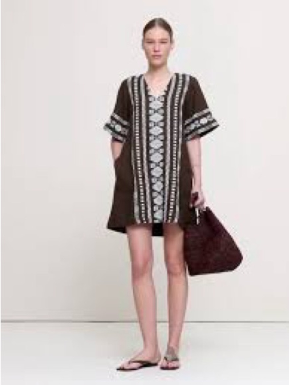 Embroidered European Flax Brown Mini Dress with White Pattern